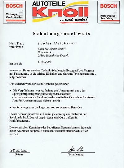 Schulungsnachweis für Airbag - Einheiten und Gurtstraffern f. Firma Tomei Schönheide