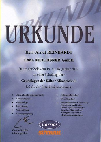 Urkunde für erfolgreiche Schulung   Klimatechnik