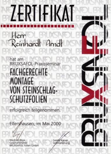 Zertifikat für fachgerechte Montage v. Steinschlagfolien
